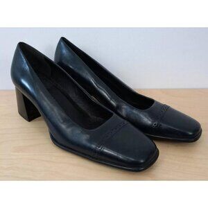 Enzo Angolini Blue Leather Block Slip On Square Toe Heels Shoes Size 8.5 M